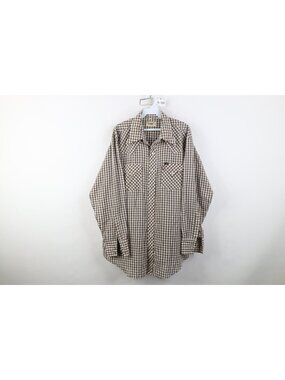 Vintage 70s Lee Western Mens 17.5 35 Gingham Plaid Cowboy Snap Button Shirt
